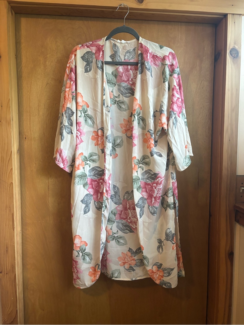 Floral Open-Front Kimono - Pink & Orange Flowers on Cream